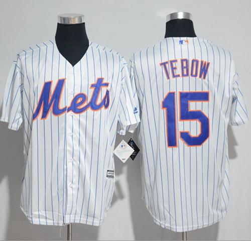 Mets #15 Tim Tebow White(Blue Strip) New Cool Base Stitched MLB Jersey - Click Image to Close